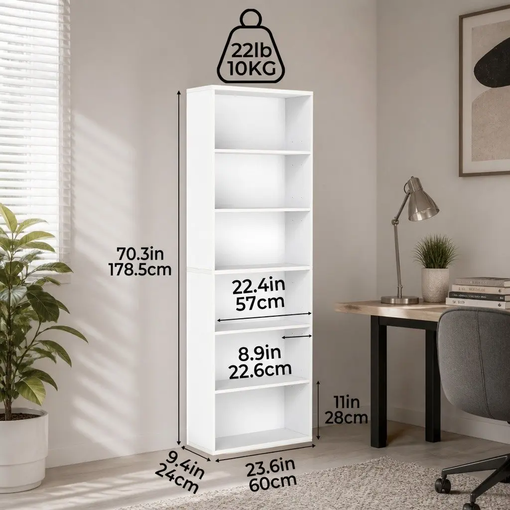 Freestanding Bookshelf Wooden Adjustable Shelves 6 Tier White Storage Display 60cm x 24cm x 178.5cm