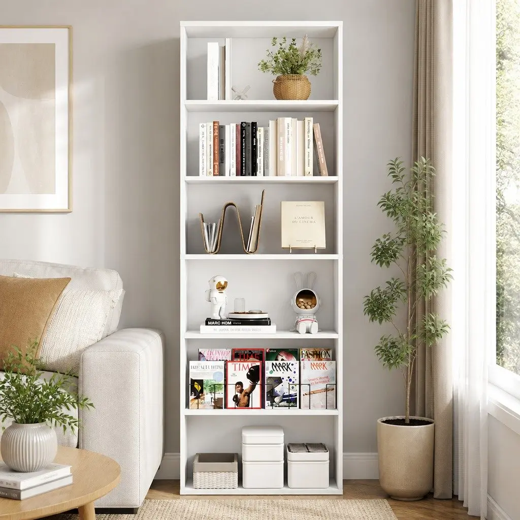 Freestanding Bookshelf Wooden Adjustable Shelves 6 Tier White Storage Display 60cm x 24cm x 178.5cm