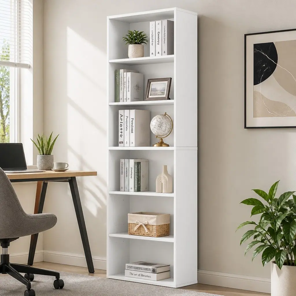 Freestanding Bookshelf Wooden Adjustable Shelves 6 Tier White Storage Display 60cm x 24cm x 178.5cm