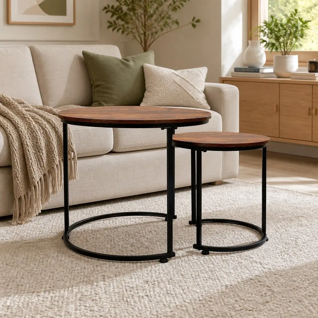 Nesting Coffee Table Set Round Modern 2 Piece Wood E1-grade Particle Board Matte Black Metal Frame