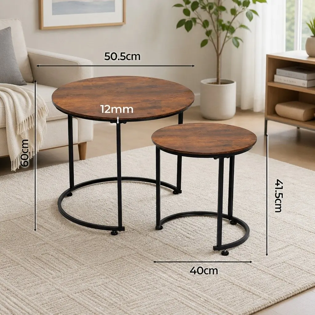 Nesting Coffee Table Set Round Modern 2 Piece Wood E1-grade Particle Board Matte Black Metal Frame