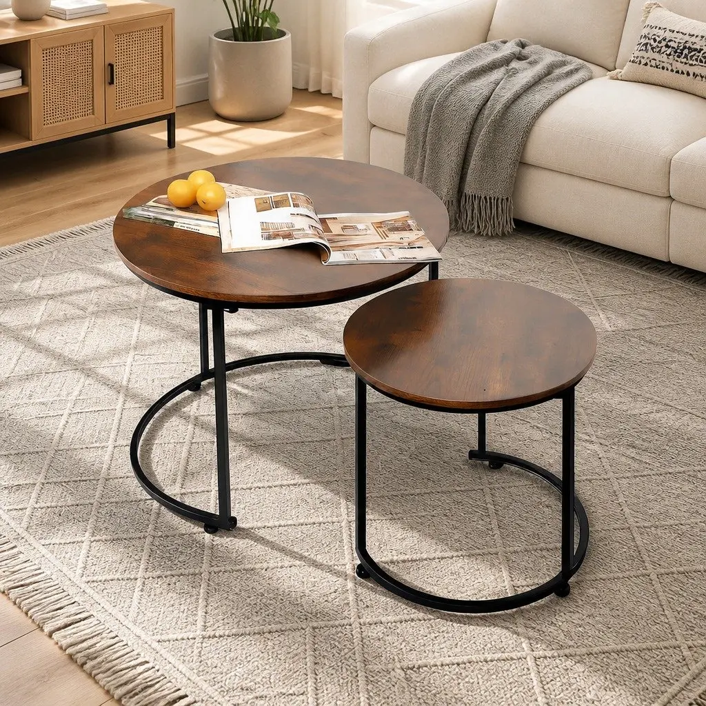 Nesting Coffee Table Set Round Modern 2 Piece Wood E1-grade Particle Board Matte Black Metal Frame