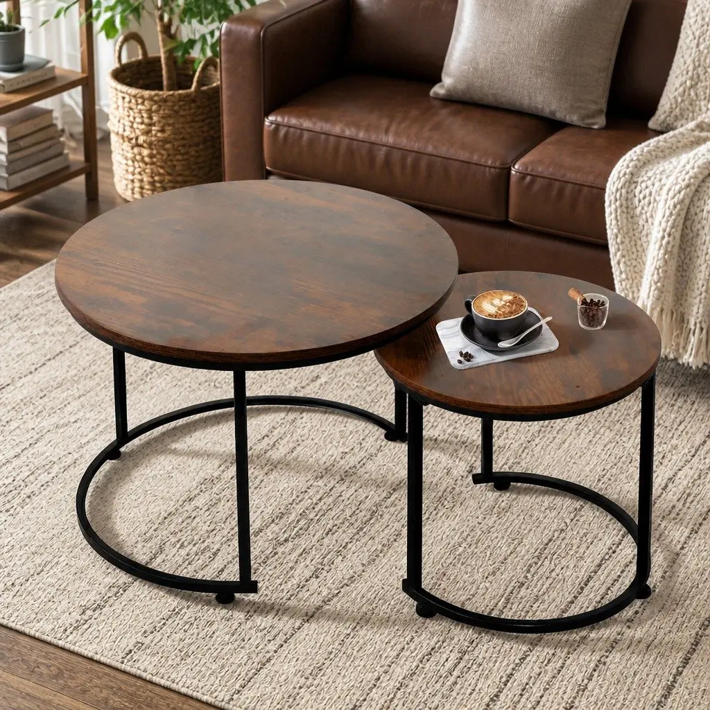 Nesting Coffee Table Set Round Modern 2 Piece Wood E1-grade Particle Board Matte Black Metal Frame