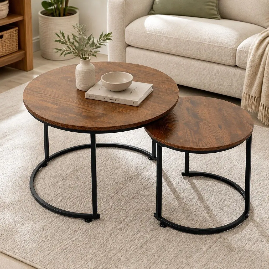 Nesting Coffee Table Set Round Modern 2 Piece Wood E1-grade Particle Board Matte Black Metal Frame