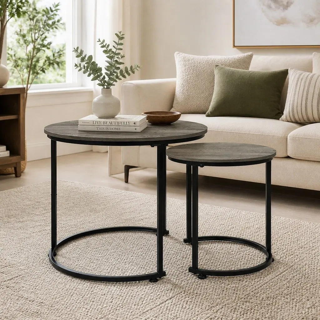 Round Nesting Coffee Table Set Rustic Wood Grain Grey Metal Frame 2 Piece