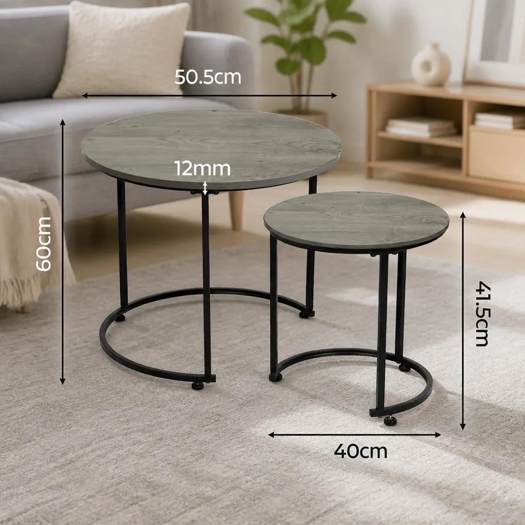 Round Nesting Coffee Table Set Rustic Wood Grain Grey Metal Frame 2 Piece