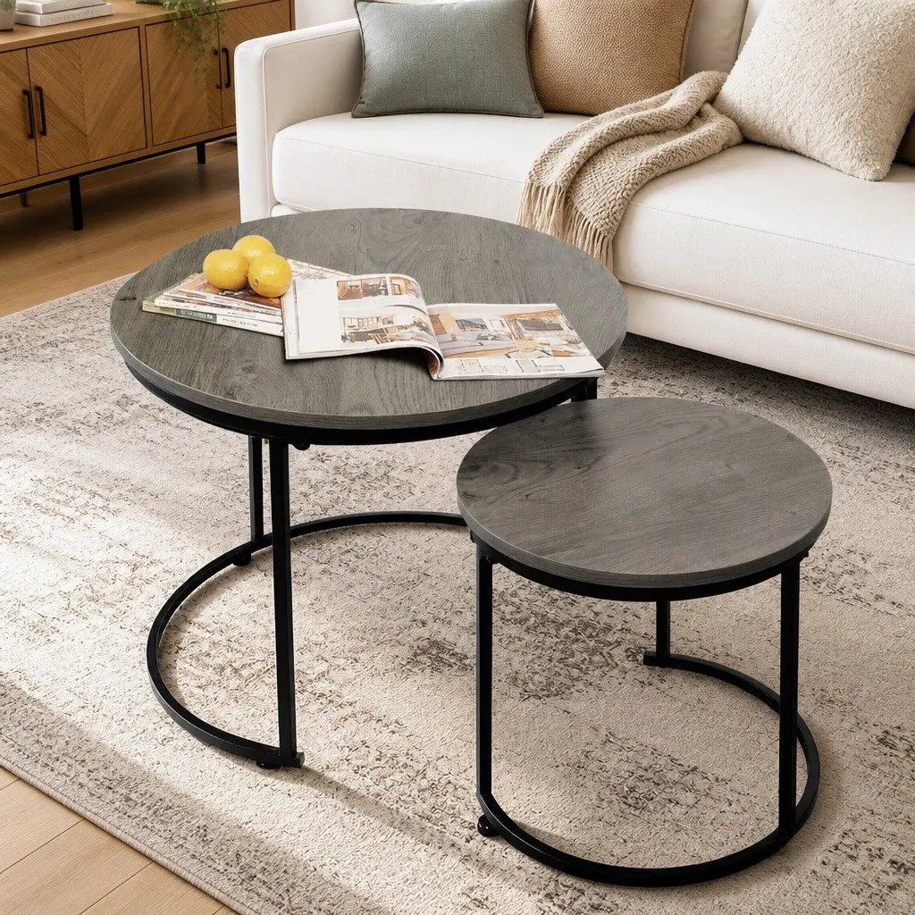 Round Nesting Coffee Table Set Rustic Wood Grain Grey Metal Frame 2 Piece