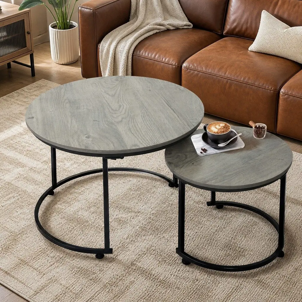 Round Nesting Coffee Table Set Rustic Wood Grain Grey Metal Frame 2 Piece