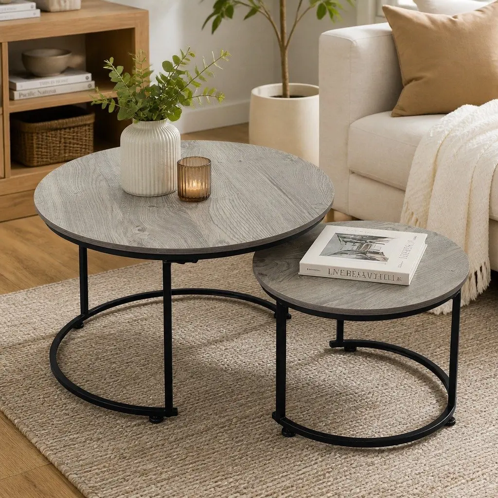 Round Nesting Coffee Table Set Rustic Wood Grain Grey Metal Frame 2 Piece