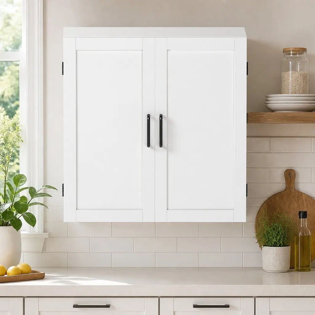 Wall Mounted Kitchen Cabinet White Hanging Cupboard Adjustable Shelves Storage