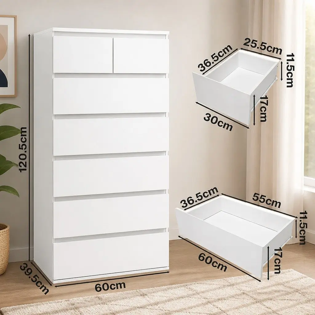 Tall Storage Cabinet with 7 Drawers in White