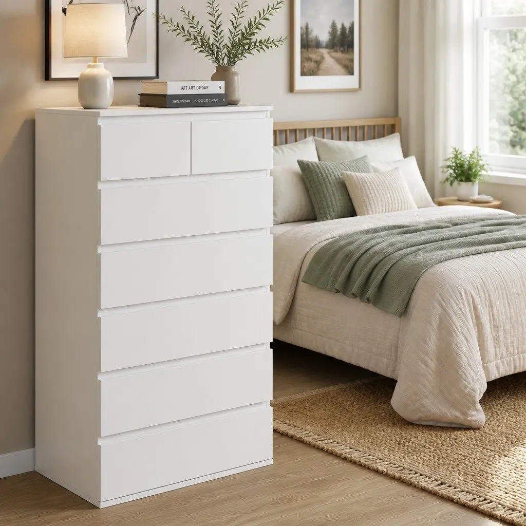 Tall Storage Cabinet with 7 Drawers in White