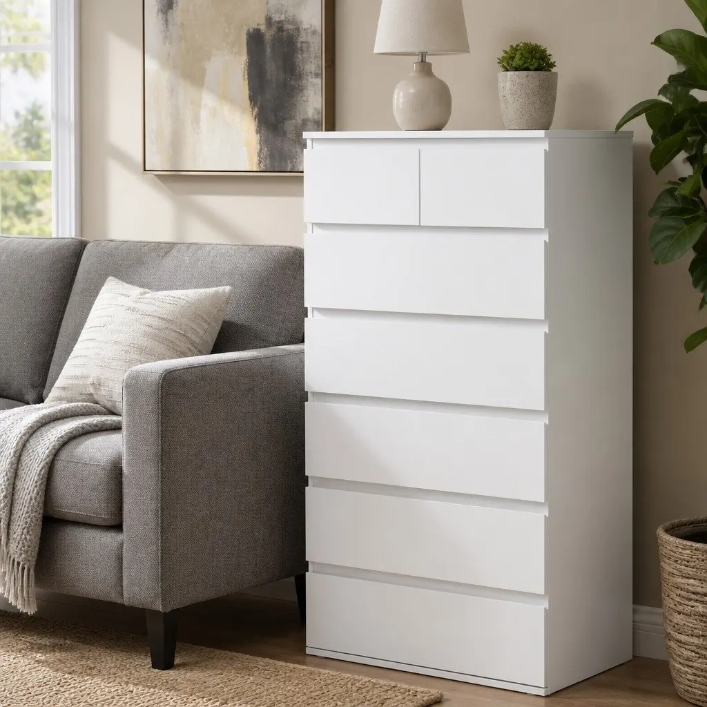 Tall Storage Cabinet with 7 Drawers in White