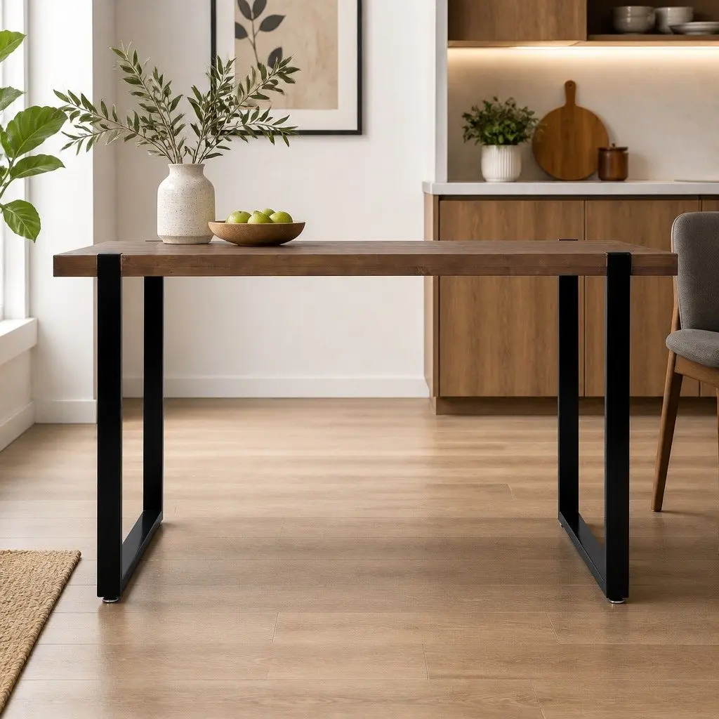 Solid Pine Wood Dining Table with Steel Frame