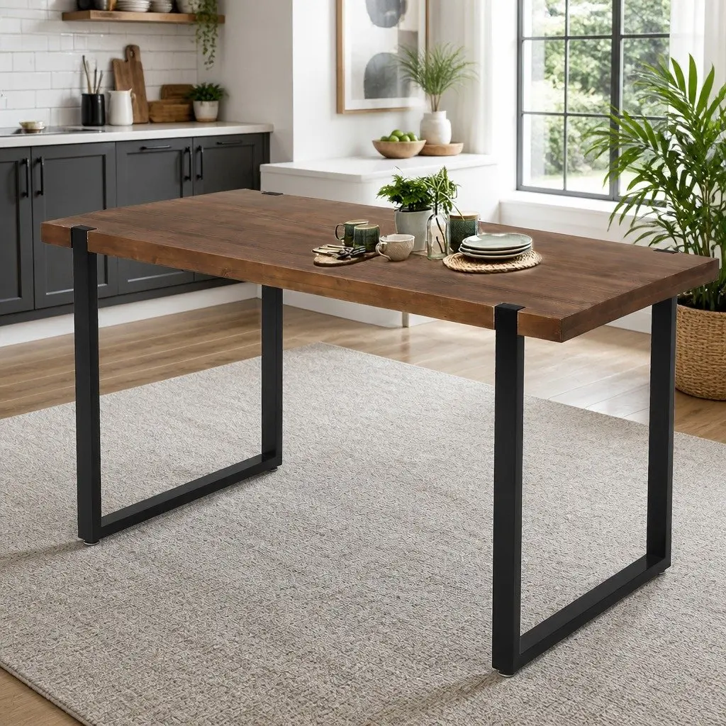 Solid Pine Wood Dining Table with Steel Frame