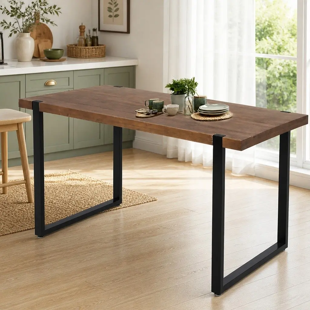 Solid Pine Wood Dining Table with Steel Frame