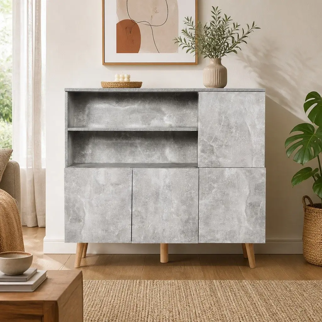 Buffet Sideboard Storage Cabinet with Open Shelves Grey Living Room Furniture