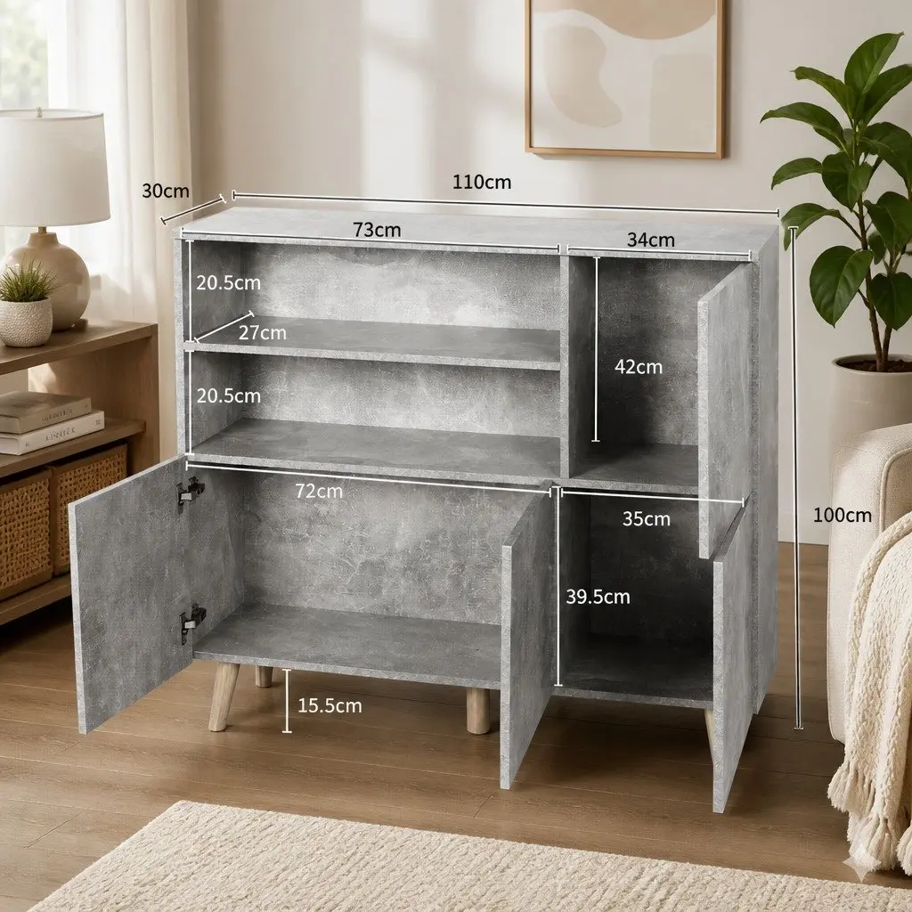 Buffet Sideboard Storage Cabinet with Open Shelves Grey Living Room Furniture