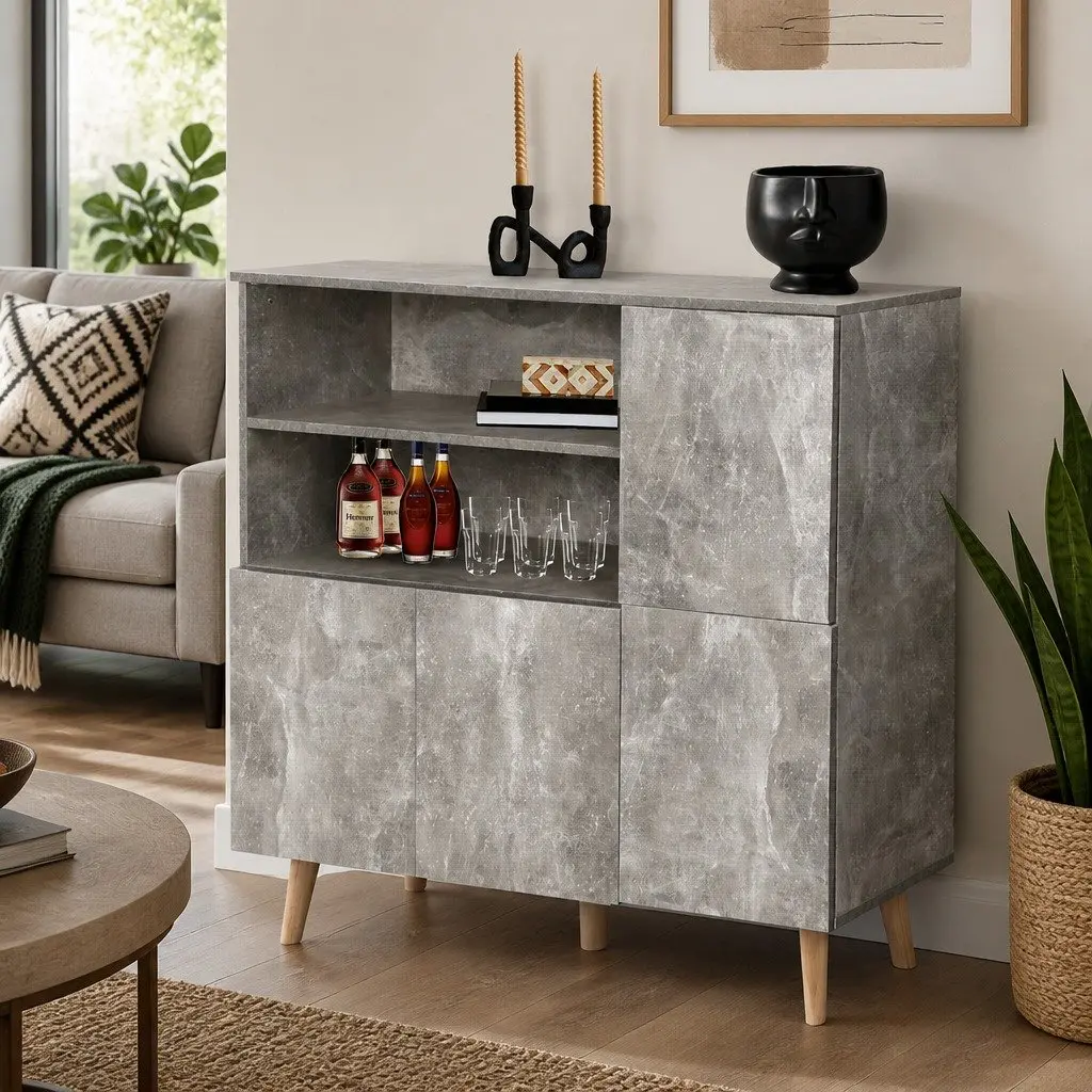 Buffet Sideboard Storage Cabinet with Open Shelves Grey Living Room Furniture