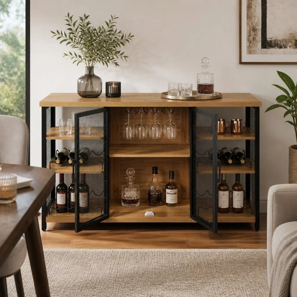 Bar Cabinet Sideboard Buffet Wine Rack Storage Industrial Style Metal Mesh Doors