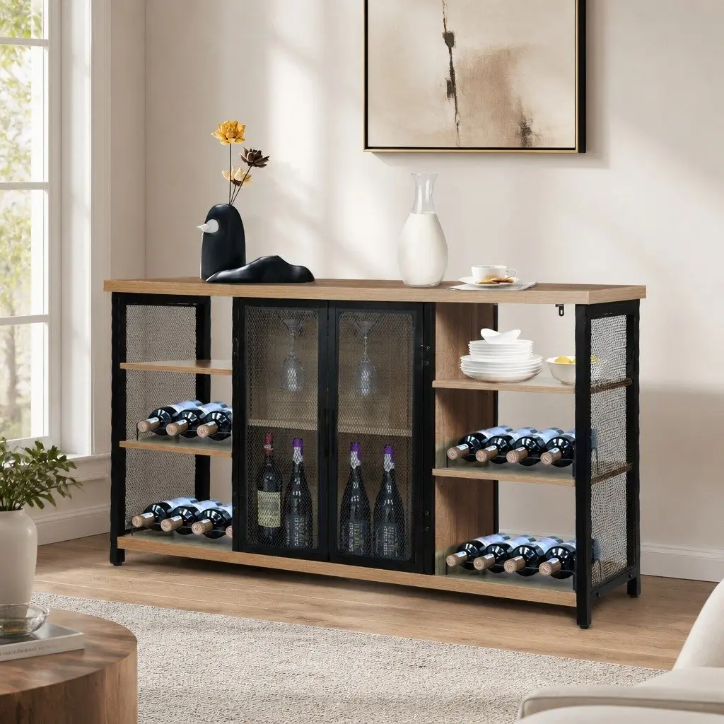 Bar Cabinet Sideboard Buffet Wine Rack Storage Industrial Style Metal Mesh Doors
