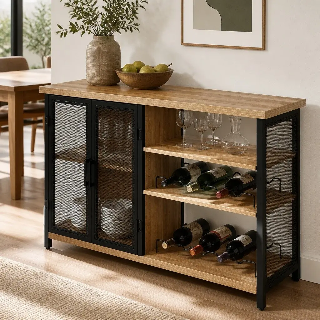 Bar Cabinet Buffet Sideboard Industrial Metal Wood Wine Storage Furniture