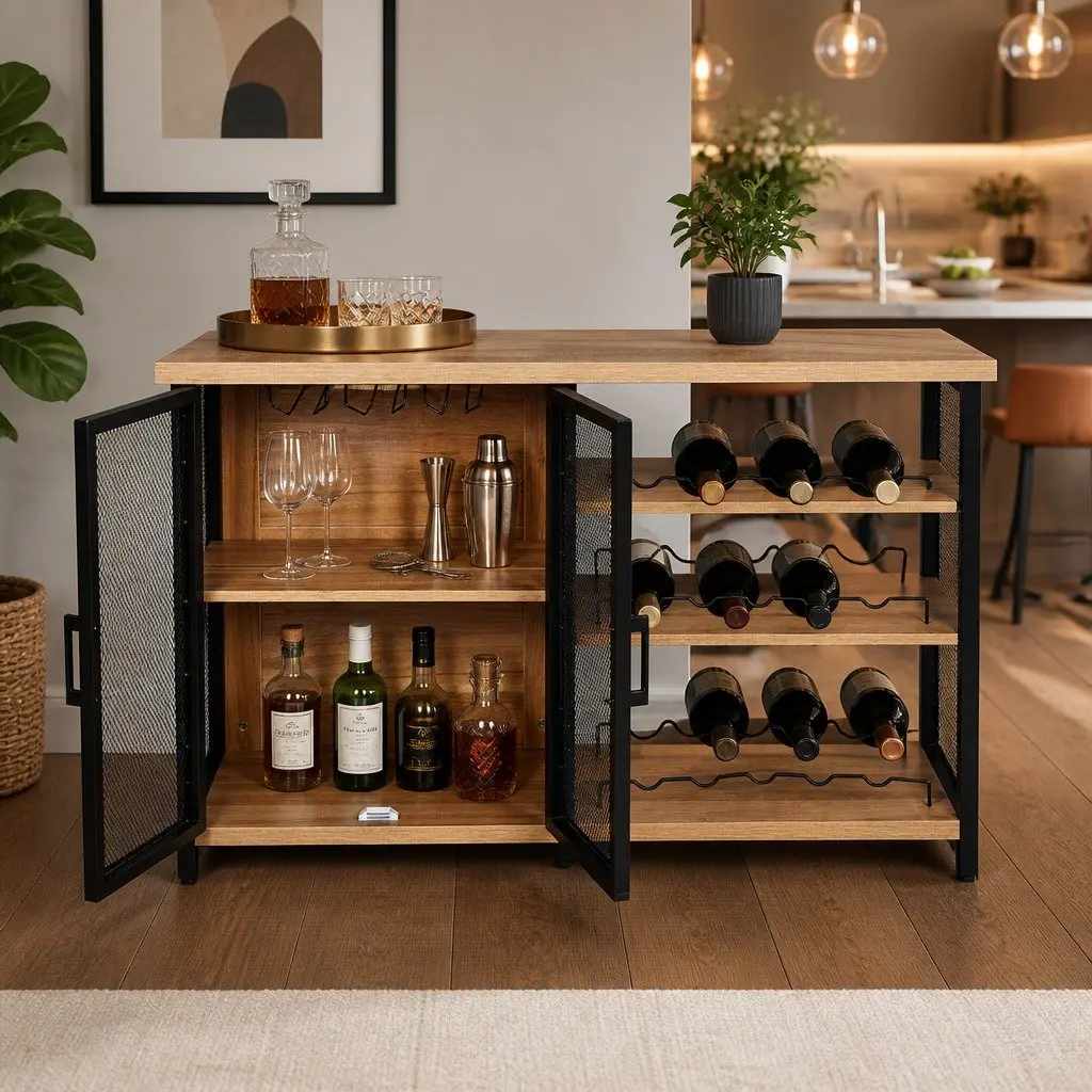 Bar Cabinet Buffet Sideboard Industrial Metal Wood Wine Storage Furniture