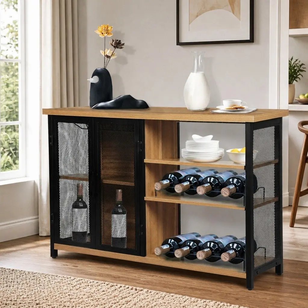 Bar Cabinet Buffet Sideboard Industrial Metal Wood Wine Storage Furniture