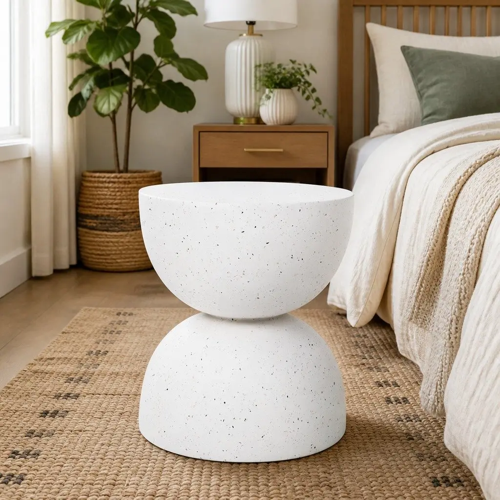 Side Table Terrazzo Hourglass Round 40cm Beige Magnesium Cement