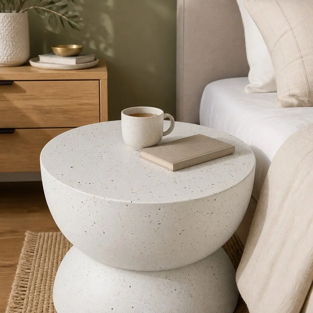 Side Table Terrazzo Hourglass Round 40cm Beige Magnesium Cement
