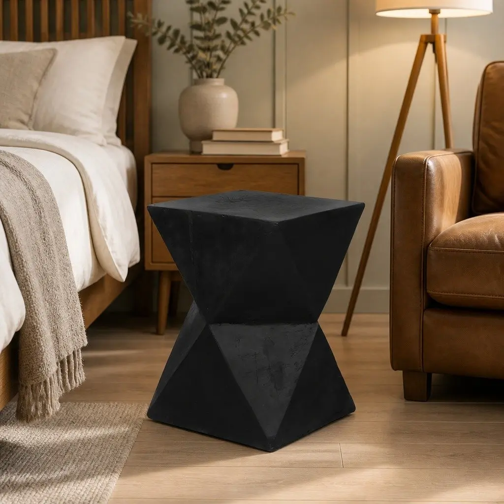 Geometric Side Table Terrazzo Black 31cm x 31cm x 45cm Magnesium Cement Nightstand Accent Stool