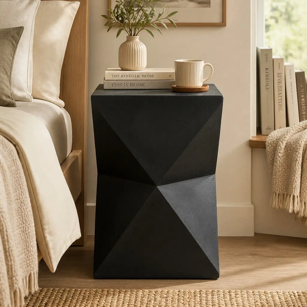 Geometric Side Table Terrazzo Black 31cm x 31cm x 45cm Magnesium Cement Nightstand Accent Stool