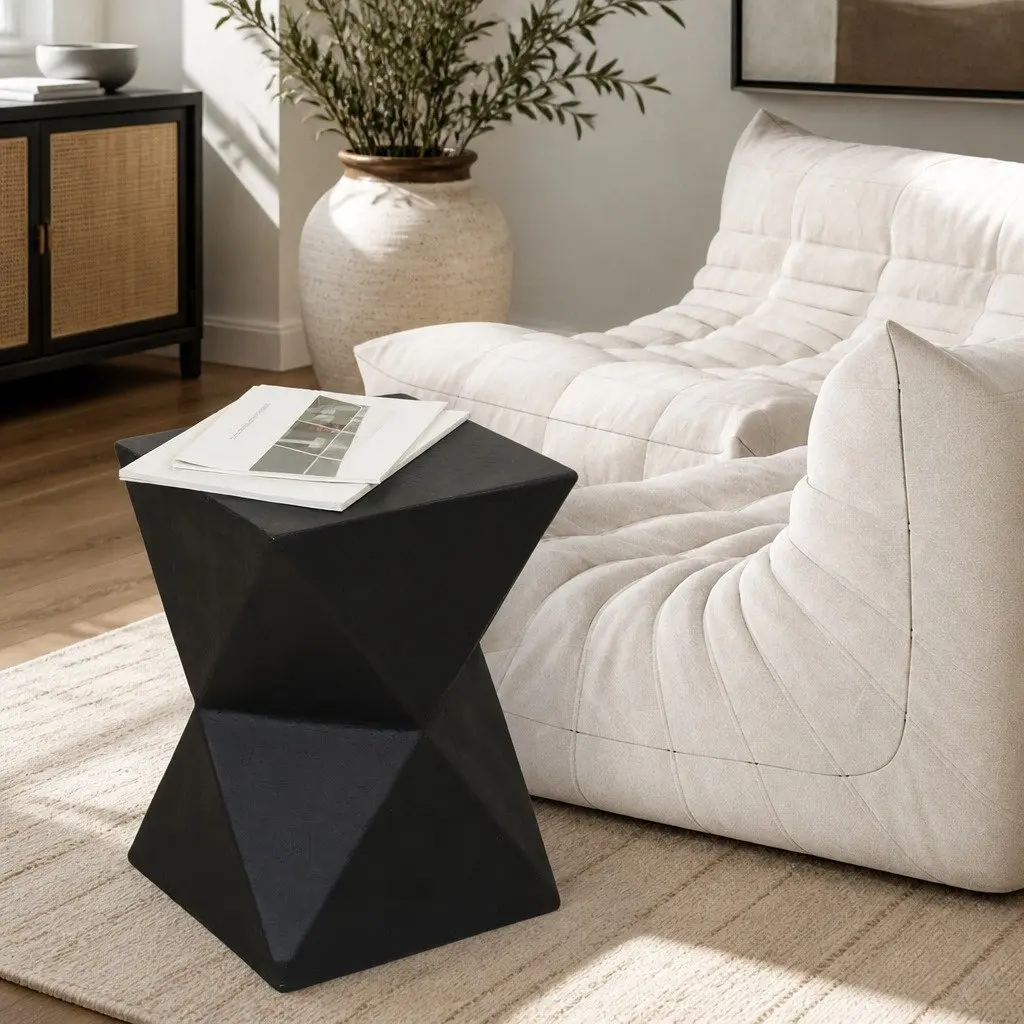 Geometric Side Table Terrazzo Black 31cm x 31cm x 45cm Magnesium Cement Nightstand Accent Stool