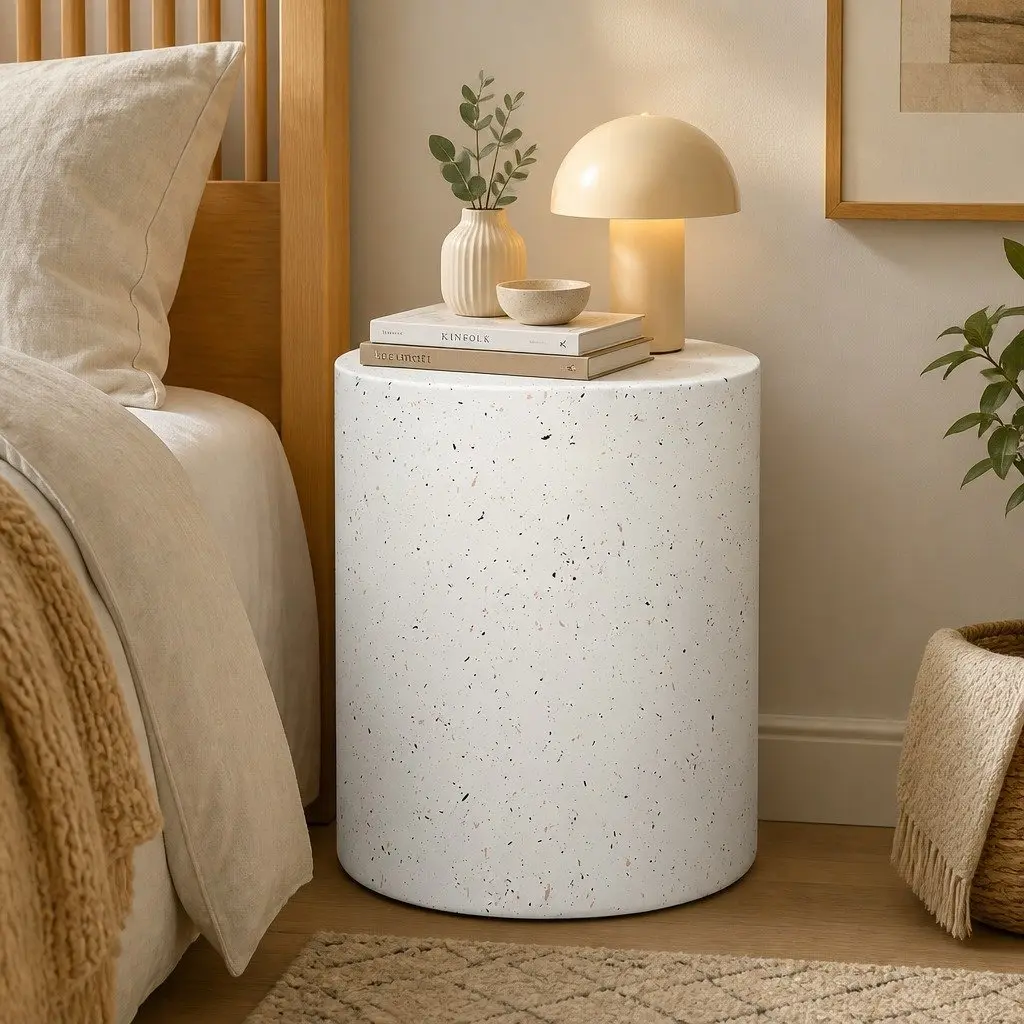 Round Terrazzo Side Table Cylinder Shape Beige Magnesium Cement 39.5cm W x 39.5cm D x 47cm H