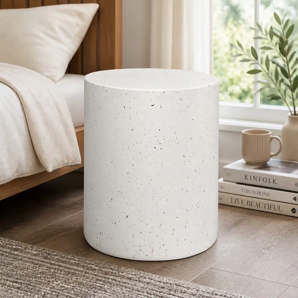 Round Terrazzo Side Table Cylinder Shape Beige Magnesium Cement 39.5cm W x 39.5cm D x 47cm H