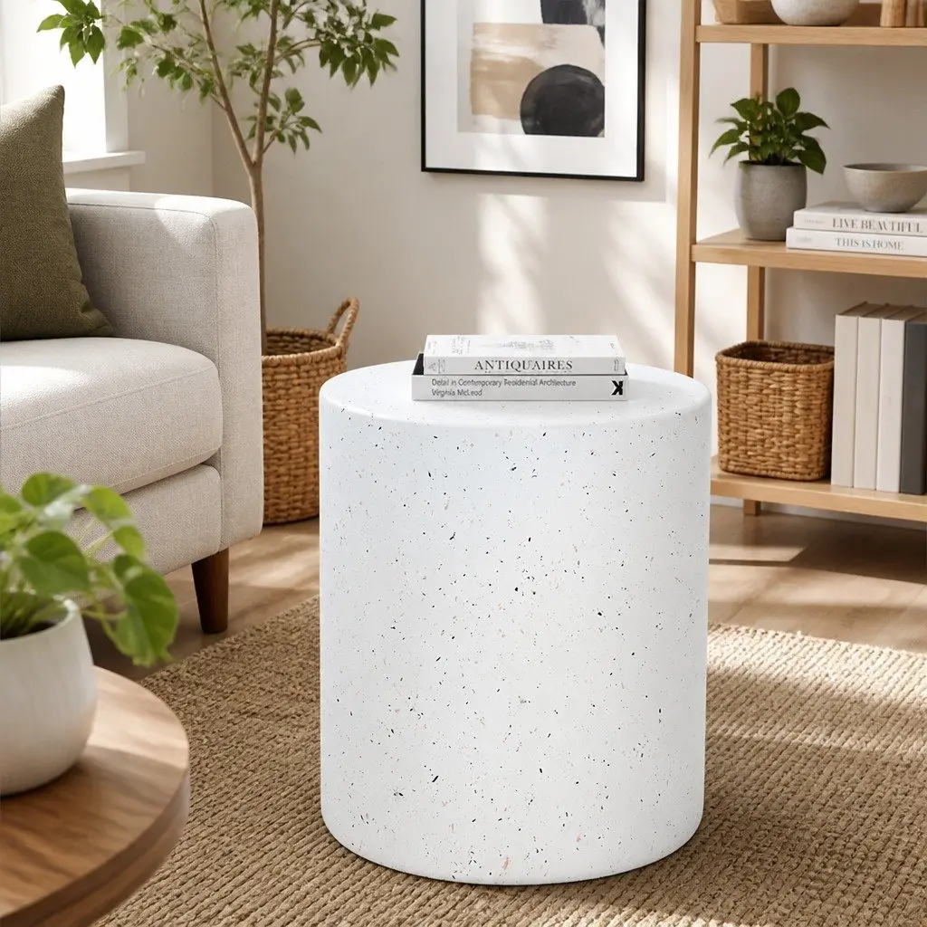 Round Terrazzo Side Table Cylinder Shape Beige Magnesium Cement 39.5cm W x 39.5cm D x 47cm H