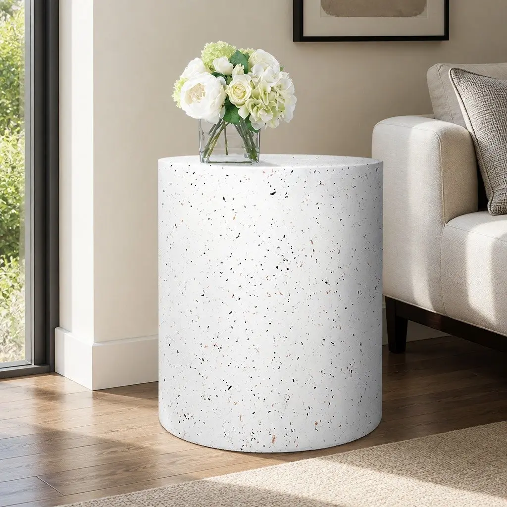 Round Terrazzo Side Table Cylinder Shape Beige Magnesium Cement 39.5cm W x 39.5cm D x 47cm H