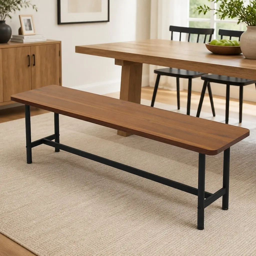 Dining Bench Chair 2-3 Seater 140cm Brown MDF Top Steel Frame Home Furniture