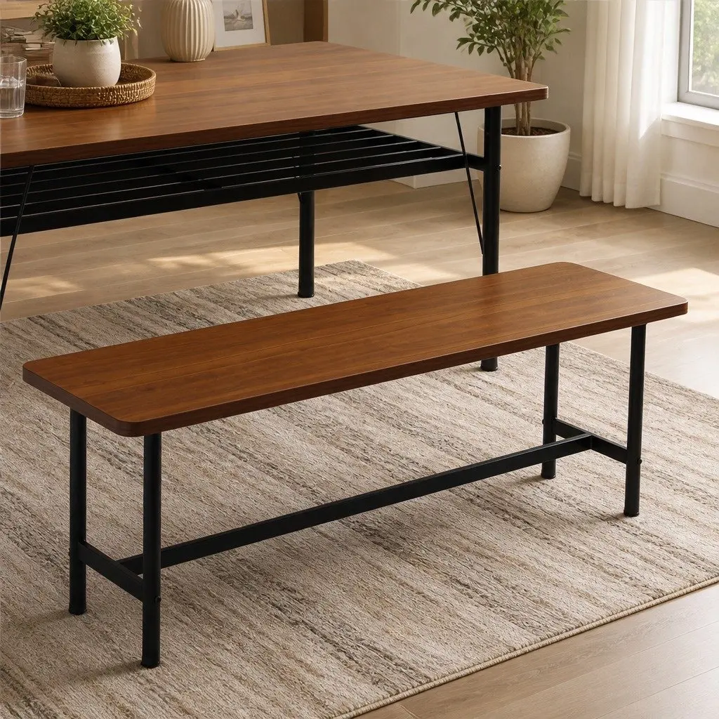 Dining Bench Chair 2-3 Seater 140cm Brown MDF Top Steel Frame Home Furniture