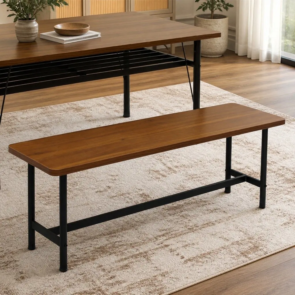Dining Bench Chair 2-3 Seater 140cm Brown MDF Top Steel Frame Home Furniture
