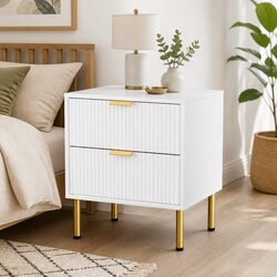 Bedside Table with 2 Drawers White Metal Legs Nightstand Storage Organiser