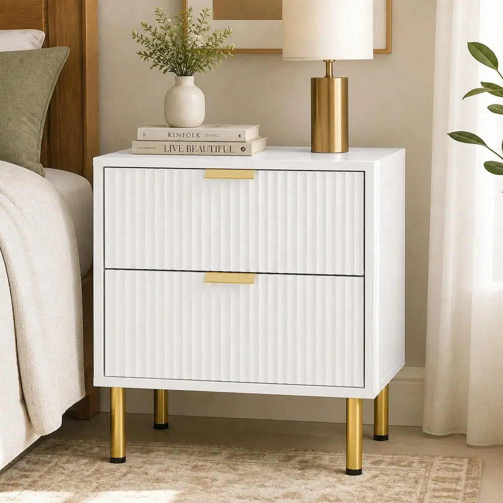 Bedside Table White 2 Drawers MDF Steel