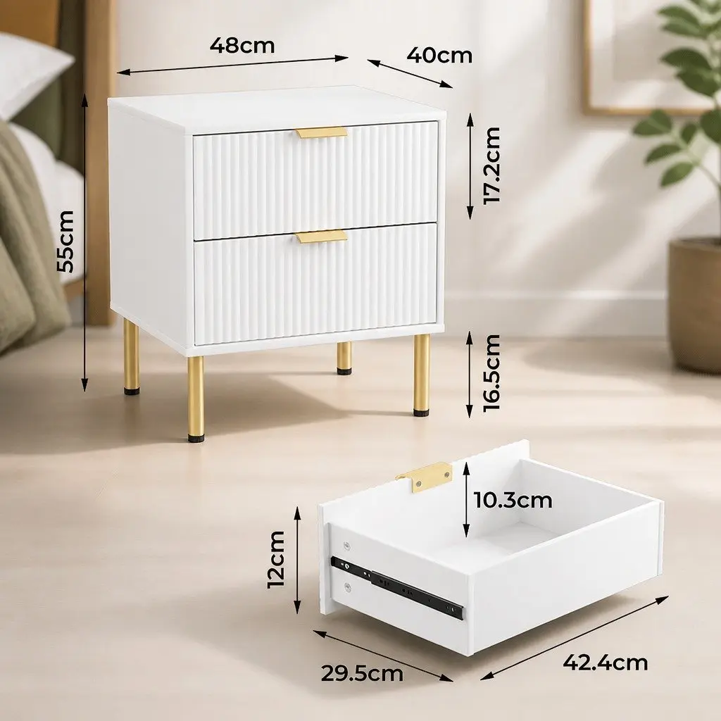 Bedside Table White 2 Drawers MDF Steel