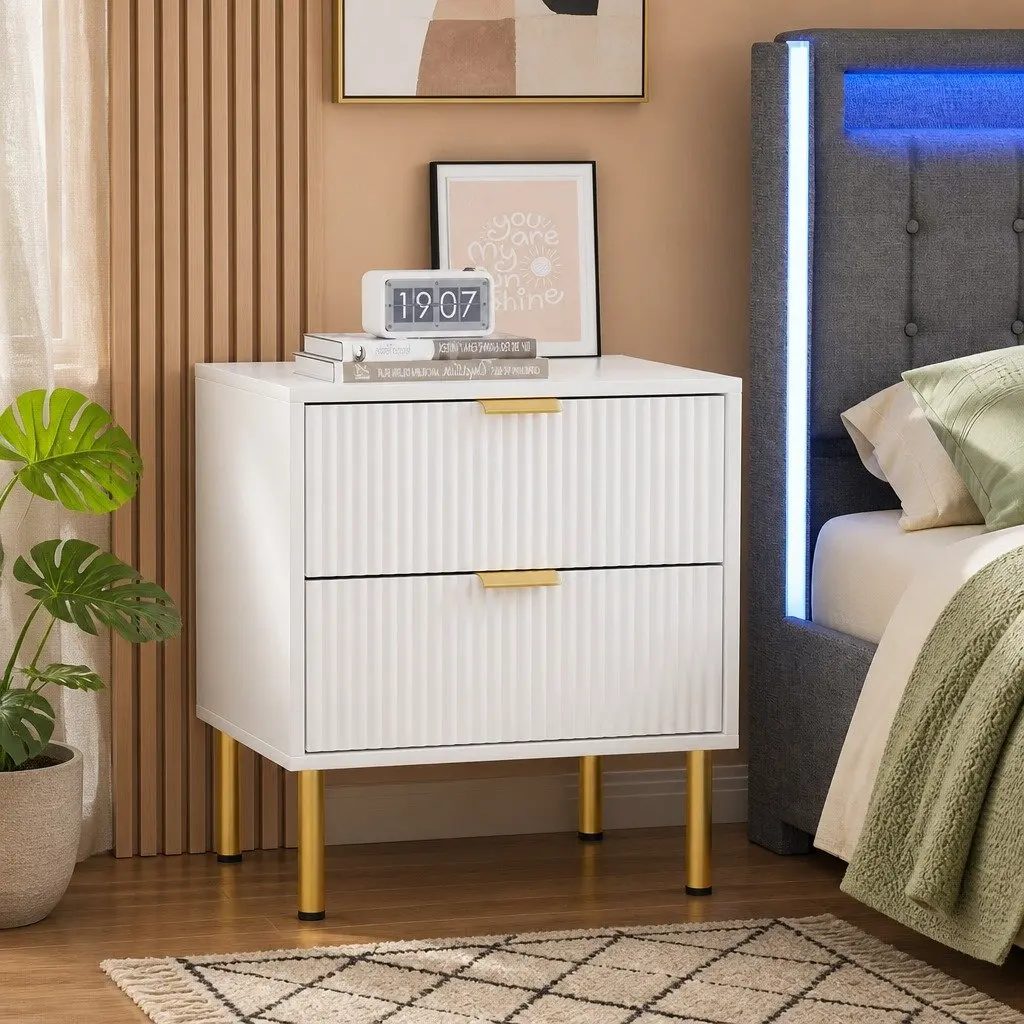 Bedside Table White 2 Drawers MDF Steel