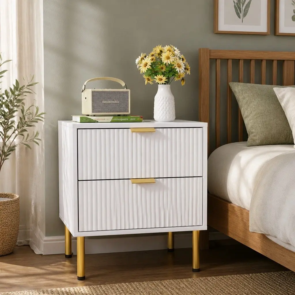 Bedside Table White 2 Drawers MDF Steel