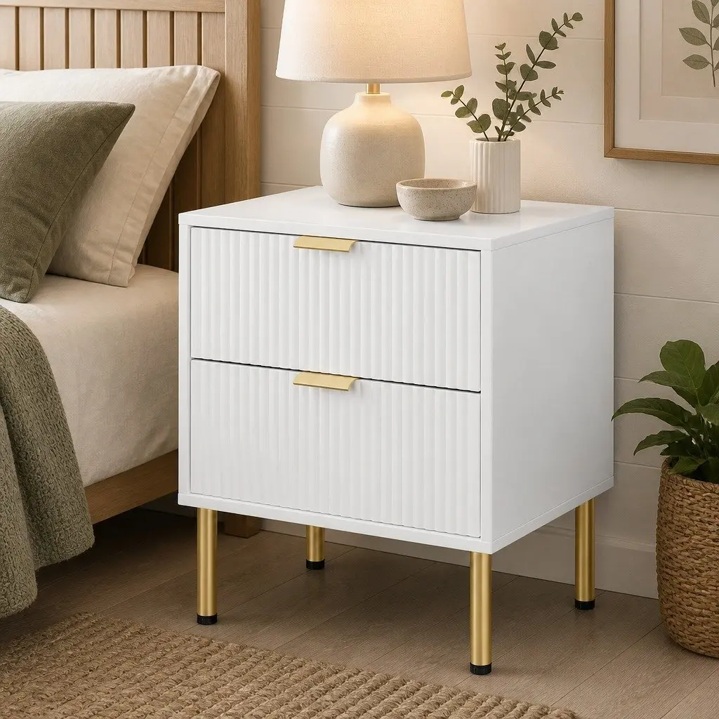 Bedside Table White 2 Drawers MDF Steel