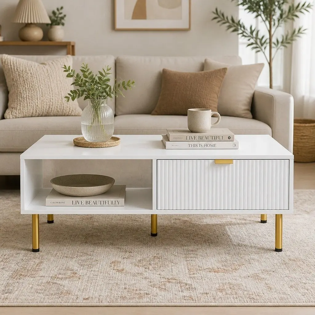 Coffee Table 110cm White Gold with Storage