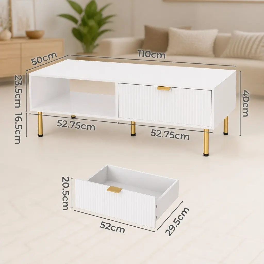 Coffee Table 110cm White Gold with Storage