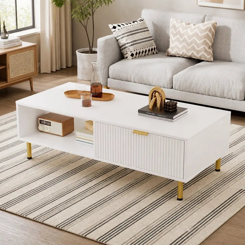 Coffee Table 110cm White Gold with Storage