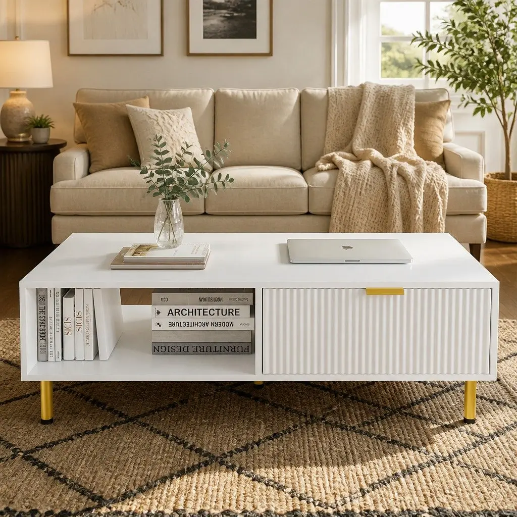 Coffee Table 110cm White Gold with Storage